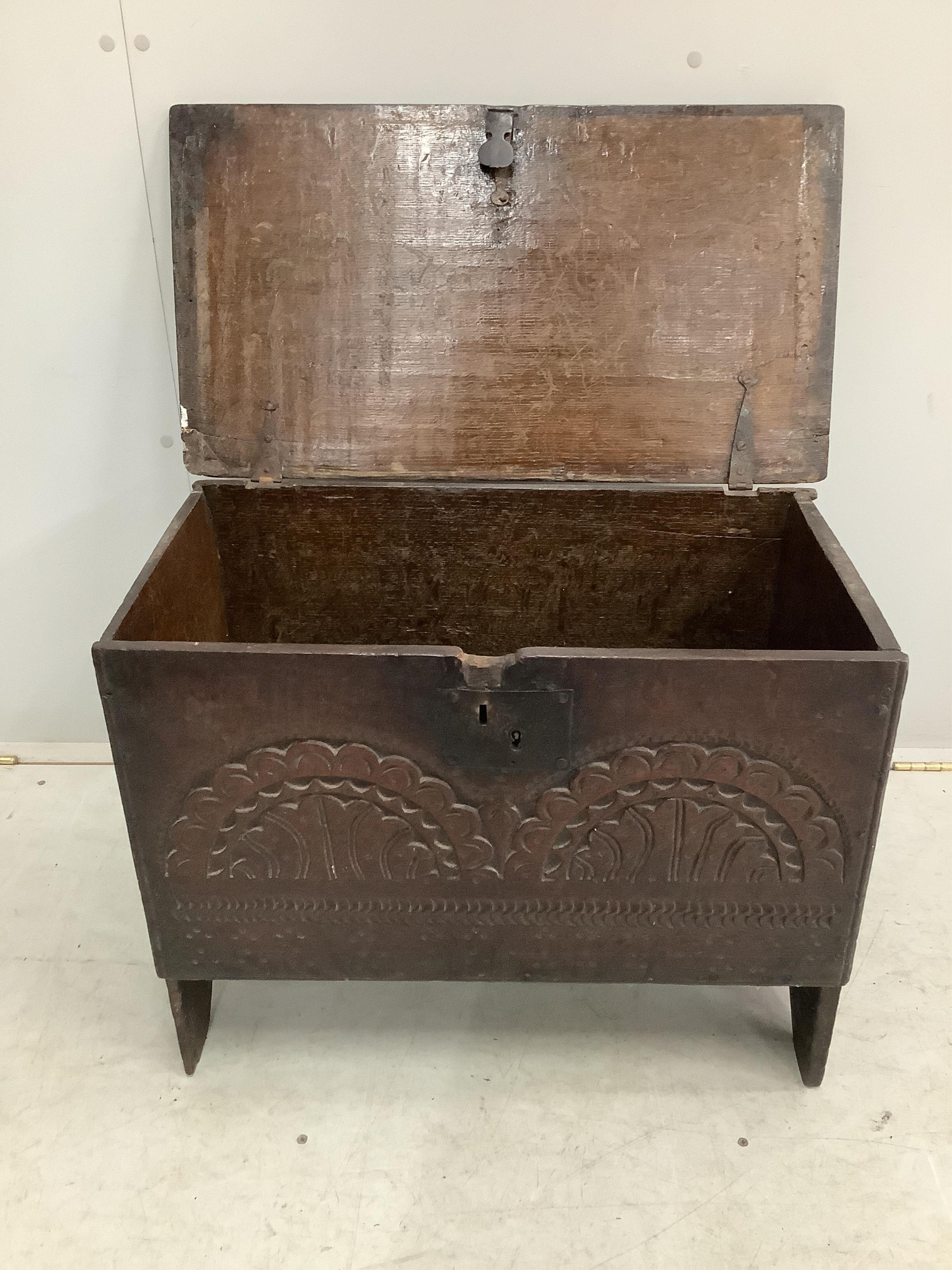 A small 17th / 18th century boarded oak coffer, width 70cm, depth 38cm, height 54cm. Condition - fair